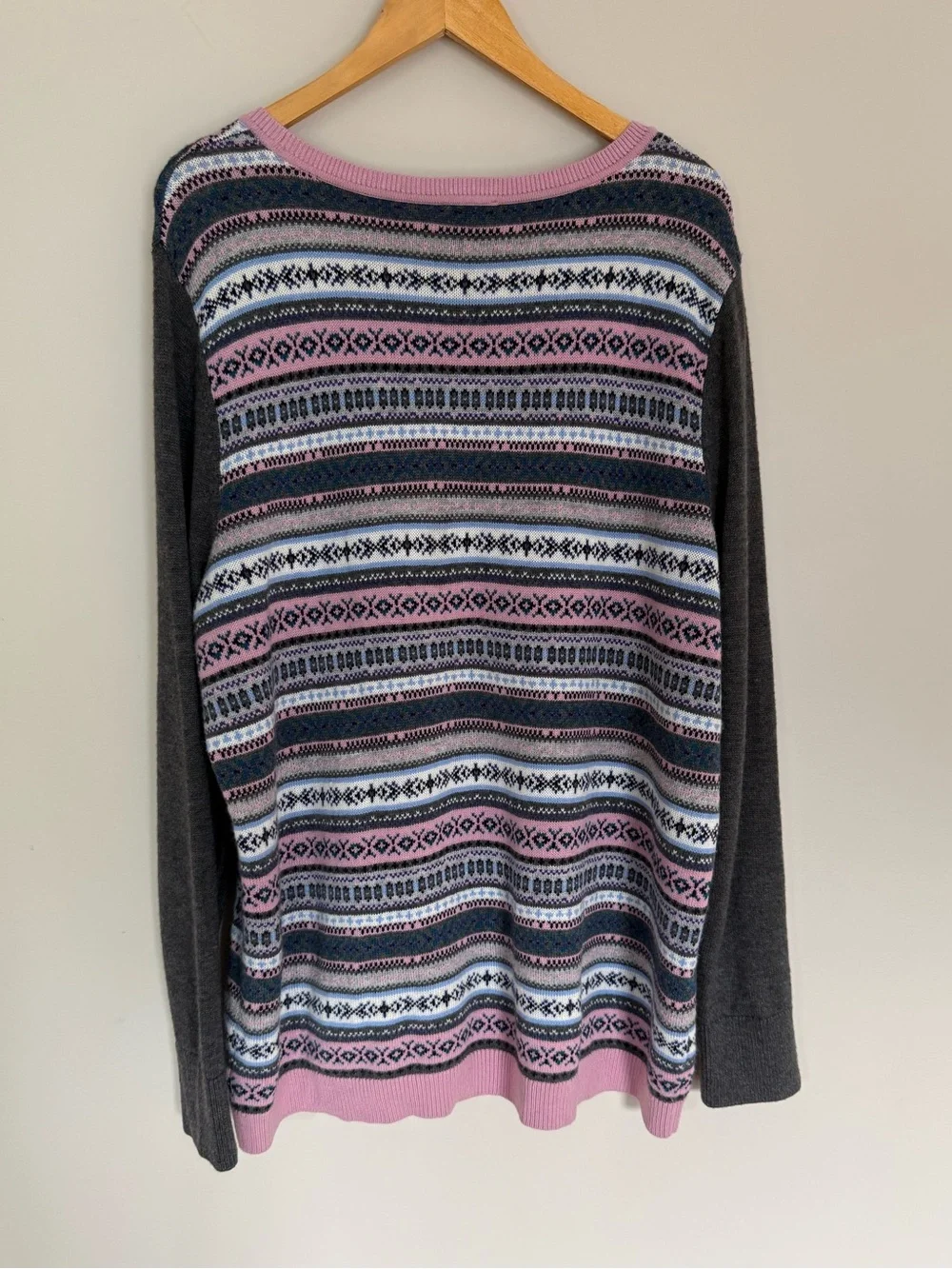 Talbots Pink Gray Fair Isle Lambswool Blend Crew Neck Nordic Sweater Sz 2X